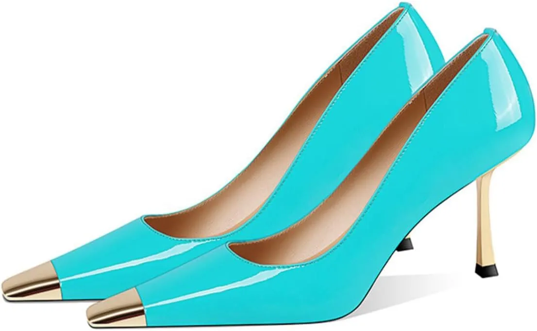 FOWT Women Metal Sqaure Cap Toe Pumps Slip on Gold Stiletto High Heels Party Dating Formal Wear Shoes Size 4-16 US