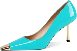FOWT Women Metal Sqaure Cap Toe Pumps Slip on Gold Stiletto High Heels Party Dating Formal Wear Shoes Size 4-16 US