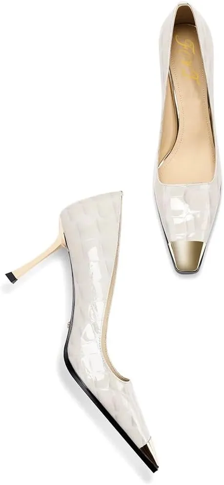 FOWT Women Metal Sqaure Cap Toe Pumps Slip on Gold Stiletto High Heels Party Dating Formal Wear Shoes Size 4-16 US