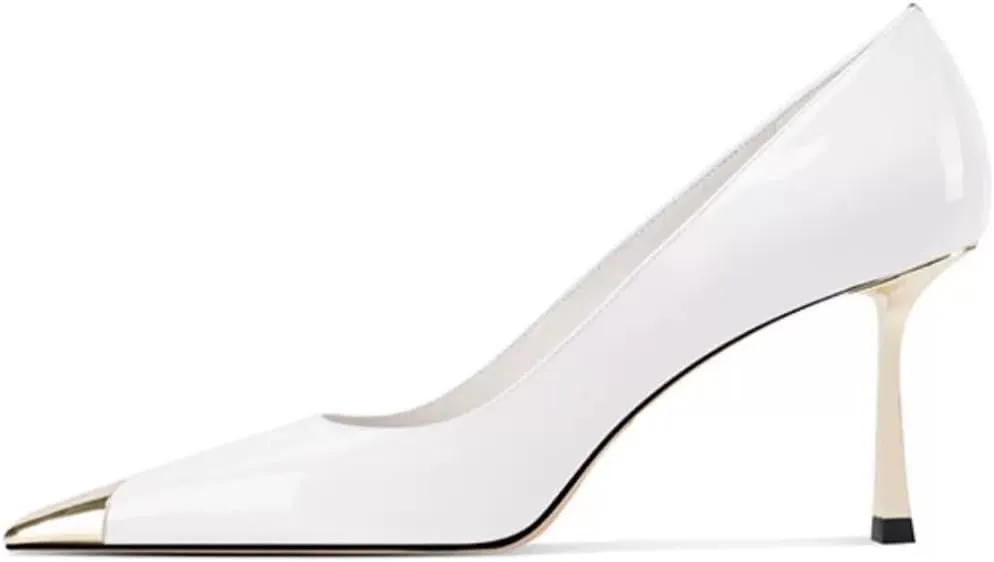 FOWT Women Metal Sqaure Cap Toe Pumps Slip on Gold Stiletto High Heels Party Dating Formal Wear Shoes Size 4-16 US