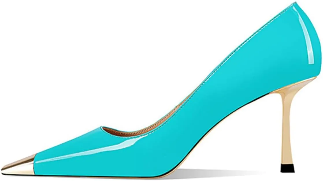 FOWT Women Metal Sqaure Cap Toe Pumps Slip on Gold Stiletto High Heels Party Dating Formal Wear Shoes Size 4-16 US
