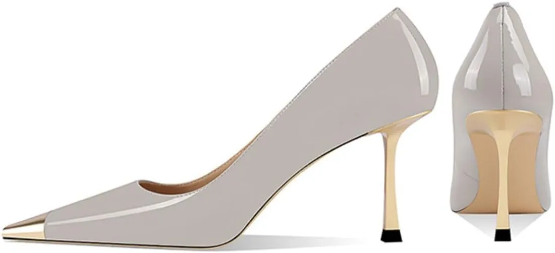 FOWT Women Metal Sqaure Cap Toe Pumps Slip on Gold Stiletto High Heels Party Dating Formal Wear Shoes Size 4-16 US