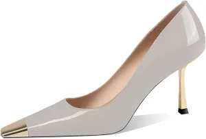 FOWT Women Metal Sqaure Cap Toe Pumps Slip on Gold Stiletto High Heels Party Dating Formal Wear Shoes Size 4-16 US