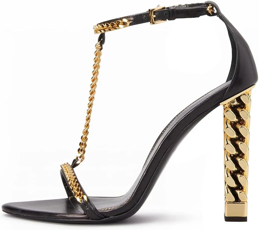 FOWT Women Open Toe T-strap Sandals Chain Gold Block High Heels Sexy Party Dance Formal Shoes Size 4-16 US