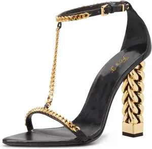 FOWT Women Open Toe T-strap Sandals Chain Gold Block High Heels Sexy Party Dance Formal Shoes Size 4-16 US