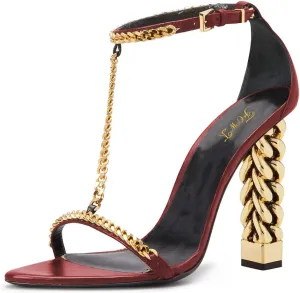 FOWT Women Open Toe T-strap Sandals Chain Gold Block High Heels Sexy Party Dance Formal Shoes Size 4-16 US