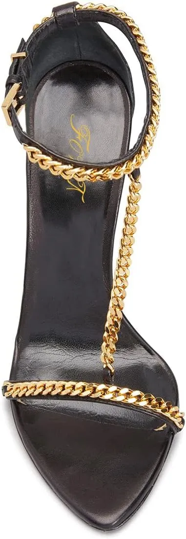 FOWT Women Open Toe T-strap Sandals Chain Gold Block High Heels Sexy Party Dance Formal Shoes Size 4-16 US