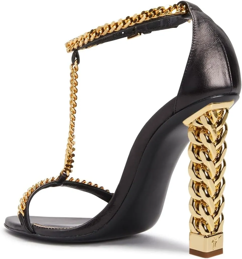 FOWT Women Open Toe T-strap Sandals Chain Gold Block High Heels Sexy Party Dance Formal Shoes Size 4-16 US