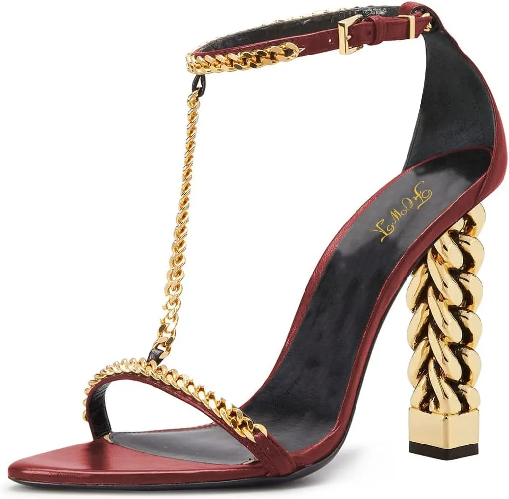 FOWT Women Open Toe T-strap Sandals Chain Gold Block High Heels Sexy Party Dance Formal Shoes Size 4-16 US