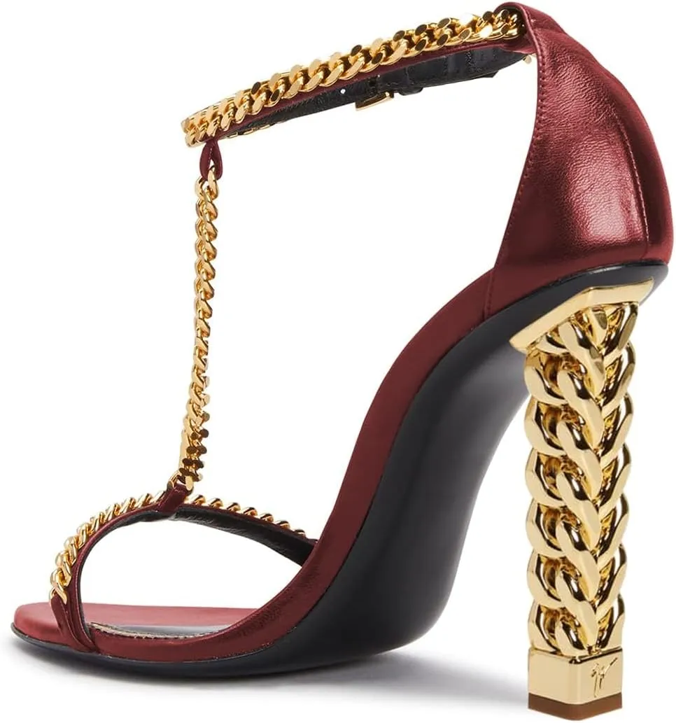 FOWT Women Open Toe T-strap Sandals Chain Gold Block High Heels Sexy Party Dance Formal Shoes Size 4-16 US