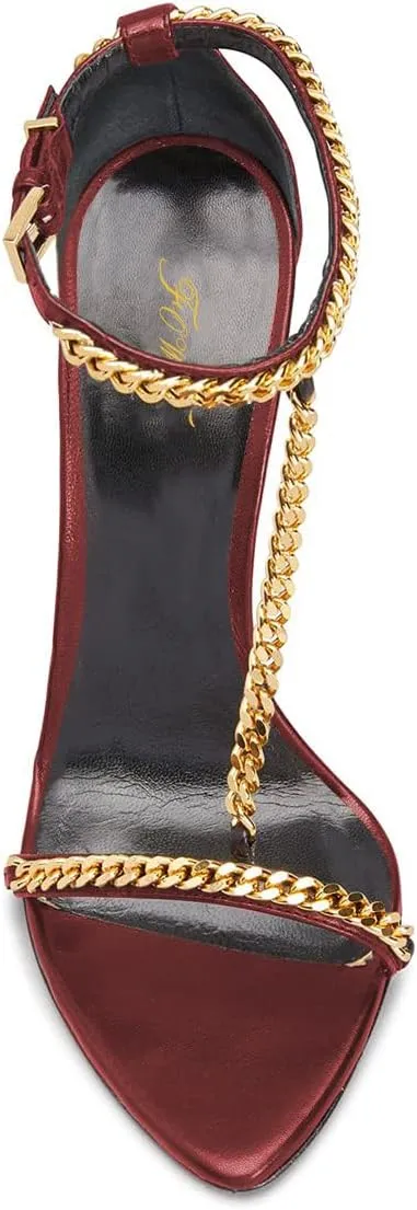 FOWT Women Open Toe T-strap Sandals Chain Gold Block High Heels Sexy Party Dance Formal Shoes Size 4-16 US