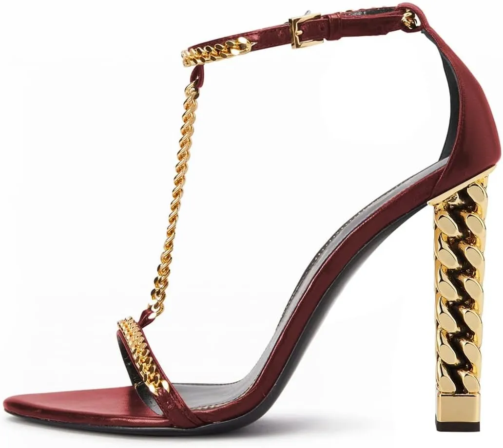 FOWT Women Open Toe T-strap Sandals Chain Gold Block High Heels Sexy Party Dance Formal Shoes Size 4-16 US