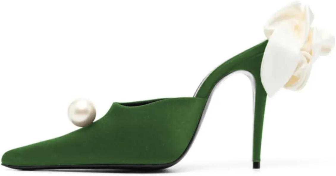 FOWT Women Pearl Pointed Toe Mules Slip on Stiletto High Heels Flower Decor Elegant Prom Evening Dance Shoes Size 4-16 US