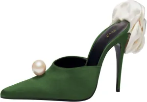 FOWT Women Pearl Pointed Toe Mules Slip on Stiletto High Heels Flower Decor Elegant Prom Evening Dance Shoes Size 4-16 US