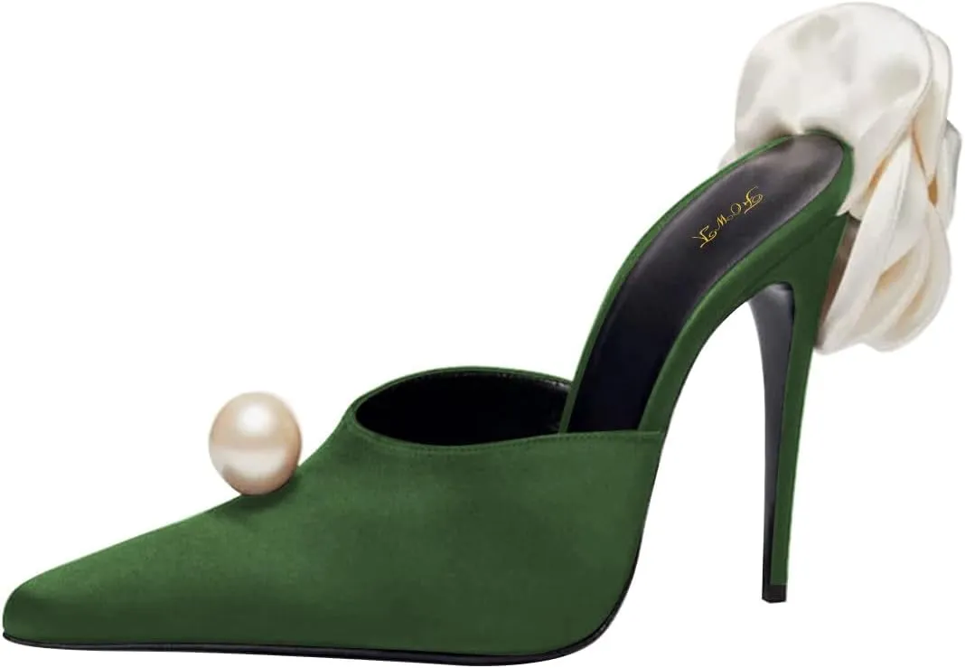 FOWT Women Pearl Pointed Toe Mules Slip on Stiletto High Heels Flower Decor Elegant Prom Evening Dance Shoes Size 4-16 US