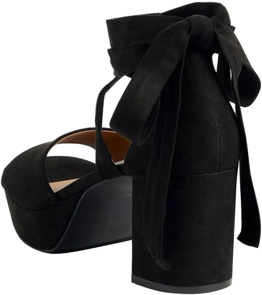FOWT Women Platform Open Toe Sandals Lace up Chunky Block High Heels Bow Elegant Dance Club Party Shoes Size 4-16 US