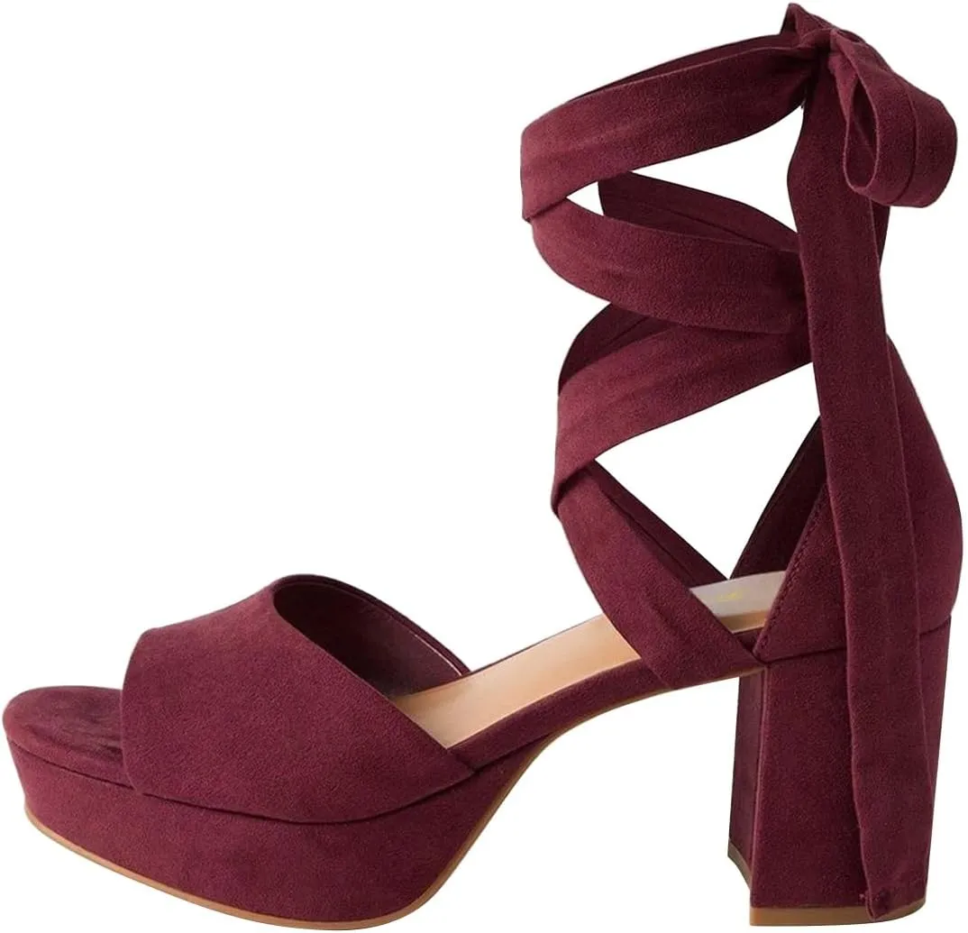 FOWT Women Platform Open Toe Sandals Lace up Chunky Block High Heels Bow Elegant Dance Club Party Shoes Size 4-16 US