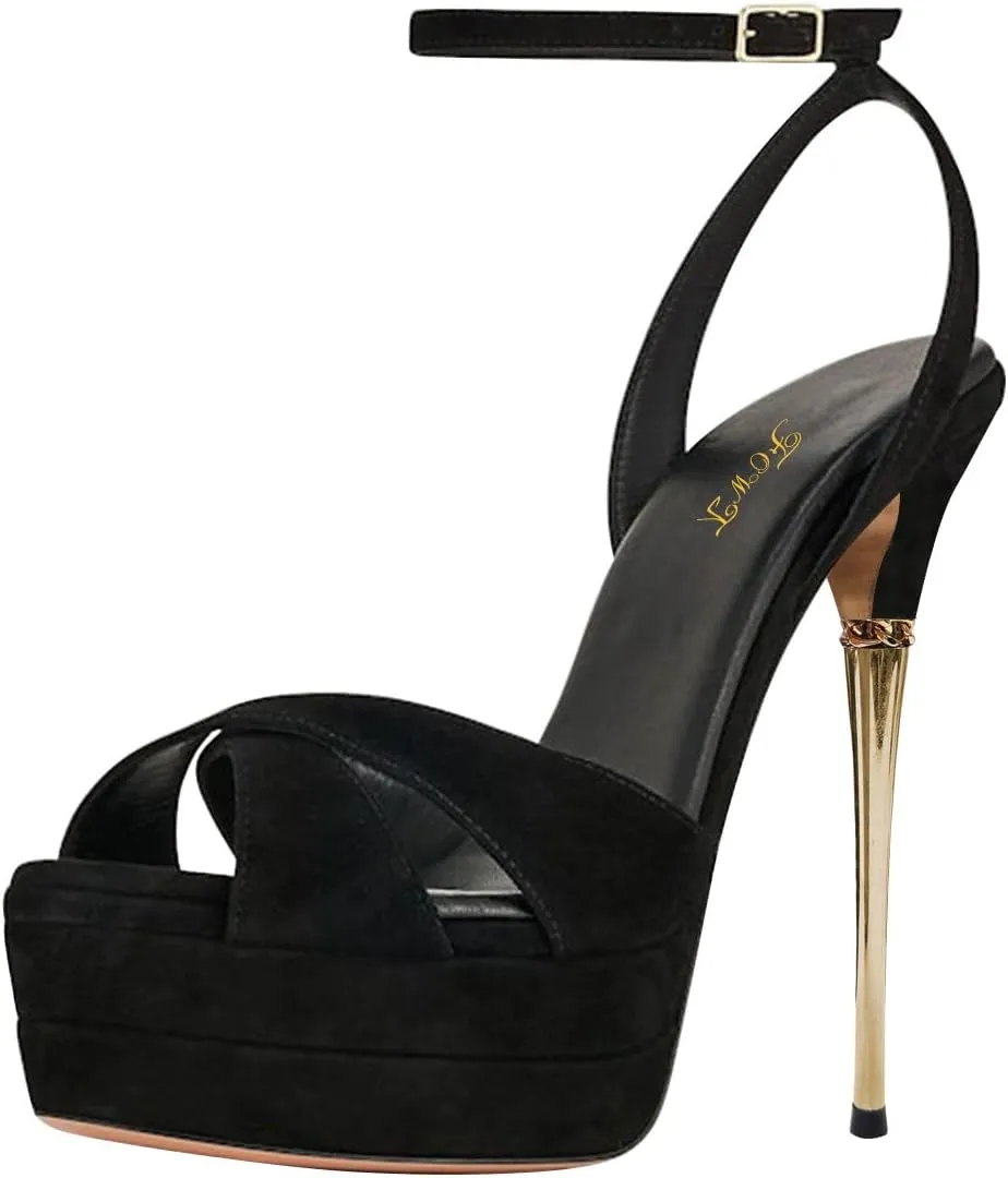 FOWT Women Platform Peep Toe Sandals Ankle Strap Metal Stiletto High Heels Sexy Party Dance Club Shoes Size 4-16 US