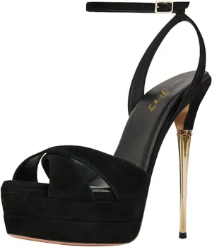 FOWT Women Platform Peep Toe Sandals Ankle Strap Metal Stiletto High Heels Sexy Party Dance Club Shoes Size 4-16 US