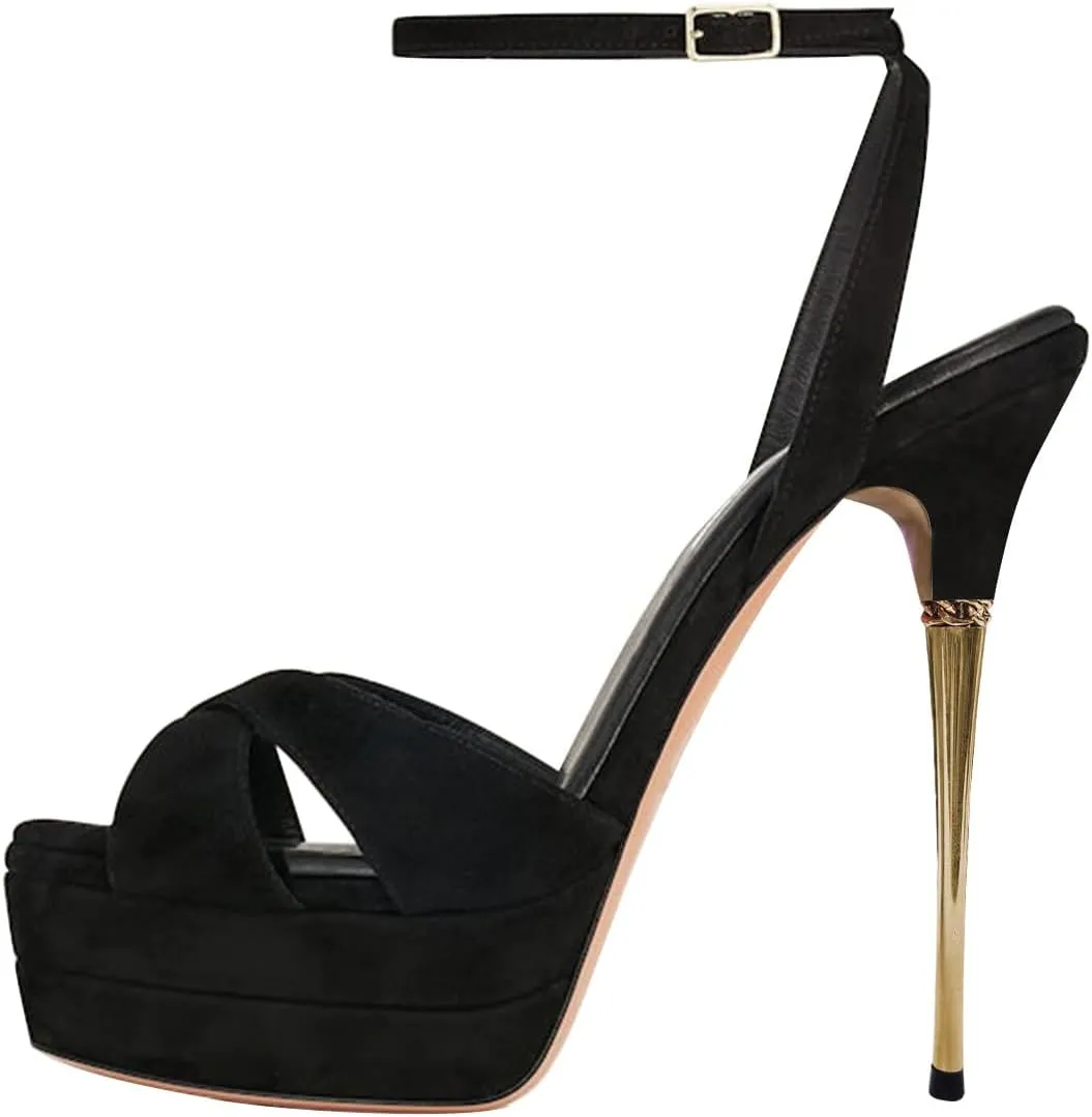 FOWT Women Platform Peep Toe Sandals Ankle Strap Metal Stiletto High Heels Sexy Party Dance Club Shoes Size 4-16 US