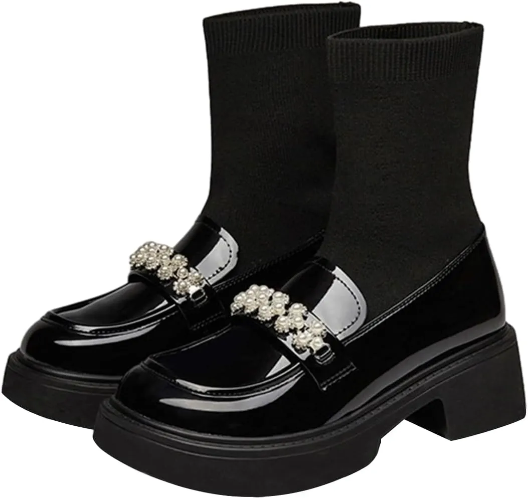 FOWT Women Platform Round Toe Ankle Boots Pearl Strap Chunky Low Heel Loafer Booties Elastic Calf Cute Dressy Shoes Size 4-16 US