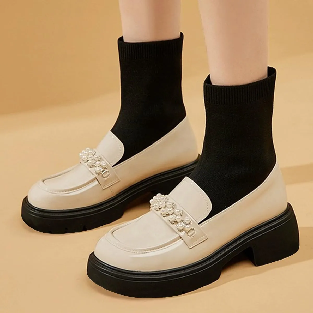 FOWT Women Platform Round Toe Ankle Boots Pearl Strap Chunky Low Heel Loafer Booties Elastic Calf Cute Dressy Shoes Size 4-16 US