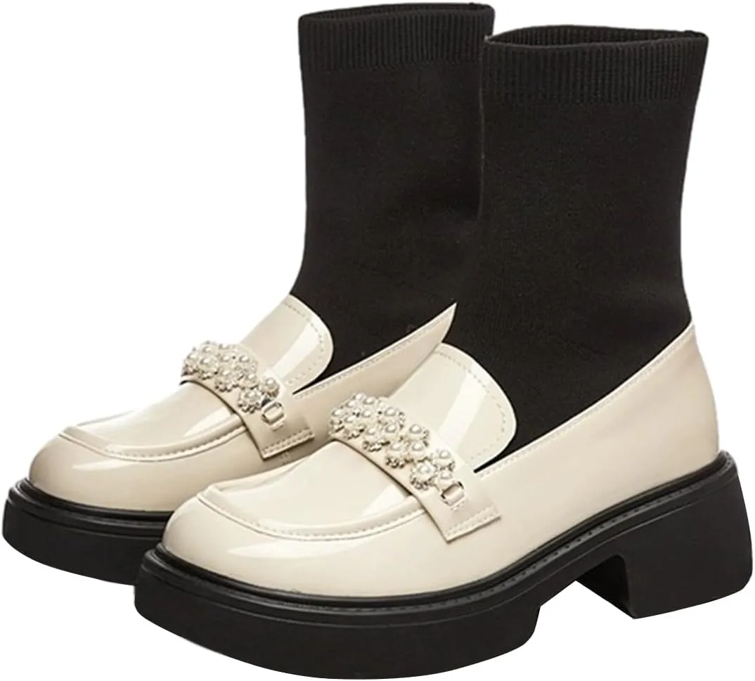 FOWT Women Platform Round Toe Ankle Boots Pearl Strap Chunky Low Heel Loafer Booties Elastic Calf Cute Dressy Shoes Size 4-16 US
