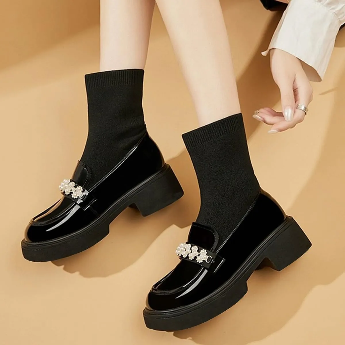 FOWT Women Platform Round Toe Ankle Boots Pearl Strap Chunky Low Heel Loafer Booties Elastic Calf Cute Dressy Shoes Size 4-16 US