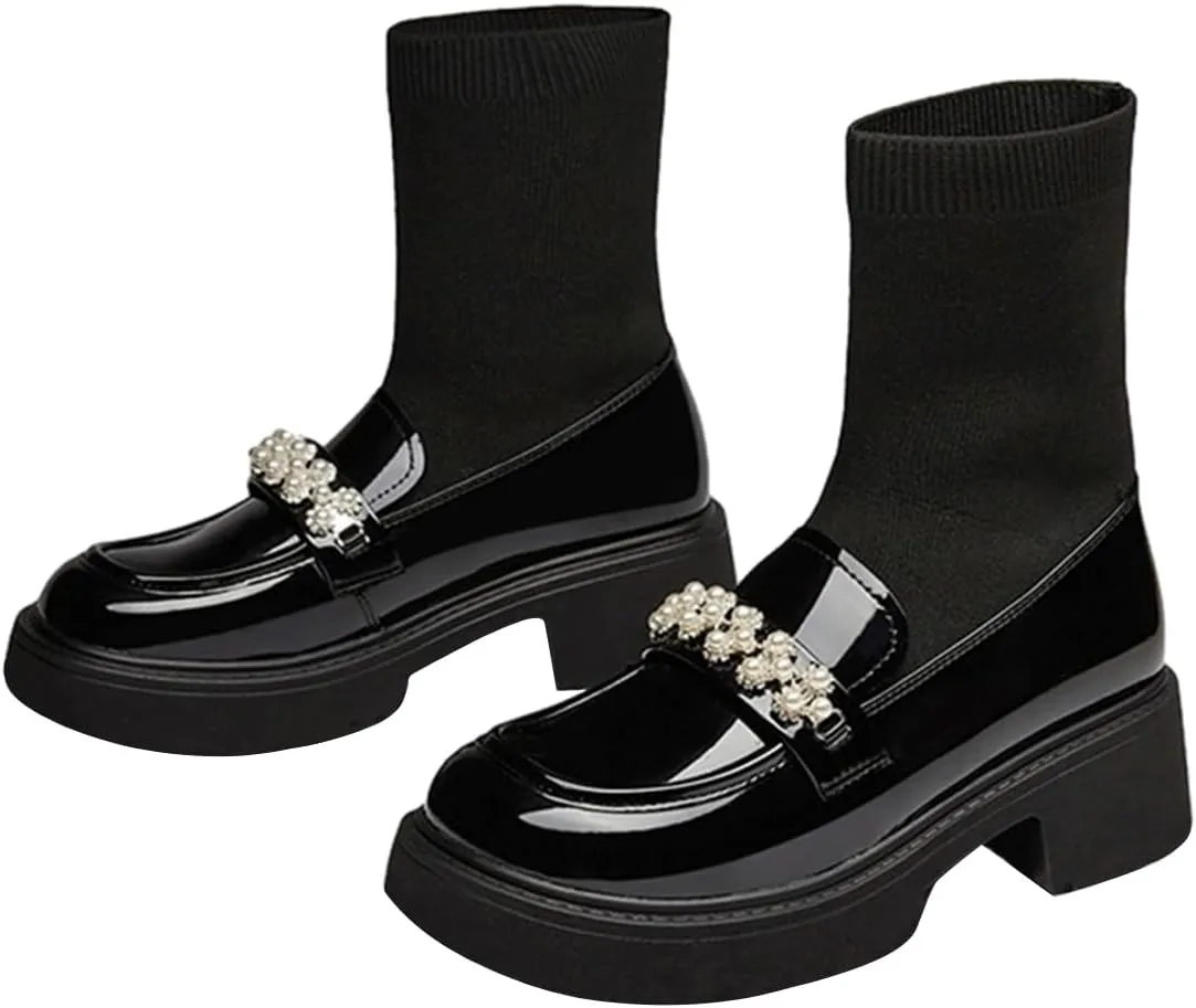 FOWT Women Platform Round Toe Ankle Boots Pearl Strap Chunky Low Heel Loafer Booties Elastic Calf Cute Dressy Shoes Size 4-16 US