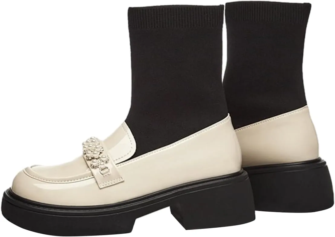 FOWT Women Platform Round Toe Ankle Boots Pearl Strap Chunky Low Heel Loafer Booties Elastic Calf Cute Dressy Shoes Size 4-16 US
