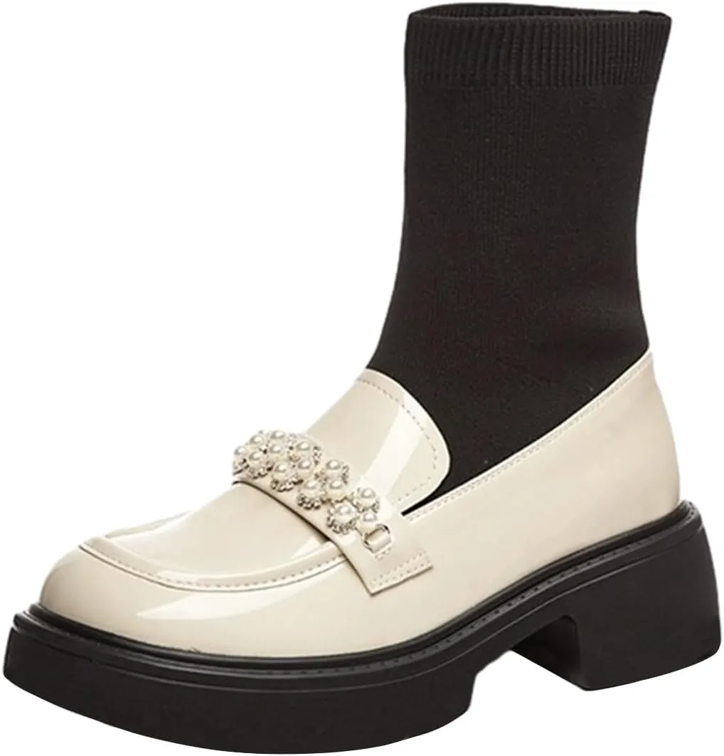 FOWT Women Platform Round Toe Ankle Boots Pearl Strap Chunky Low Heel Loafer Booties Elastic Calf Cute Dressy Shoes Size 4-16 US