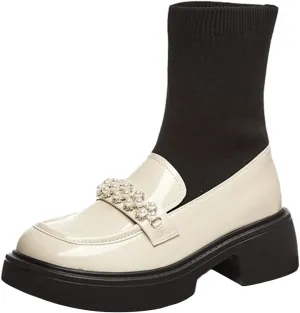 FOWT Women Platform Round Toe Ankle Boots Pearl Strap Chunky Low Heel Loafer Booties Elastic Calf Cute Dressy Shoes Size 4-16 US
