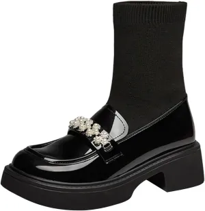 FOWT Women Platform Round Toe Ankle Boots Pearl Strap Chunky Low Heel Loafer Booties Elastic Calf Cute Dressy Shoes Size 4-16 US