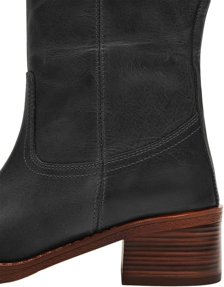 FOWT Women Platform Round Toe Calf High Boots Chunky Block Low Heel Riding Boots Pull on Wide Calf Shoes Size 4-16 US