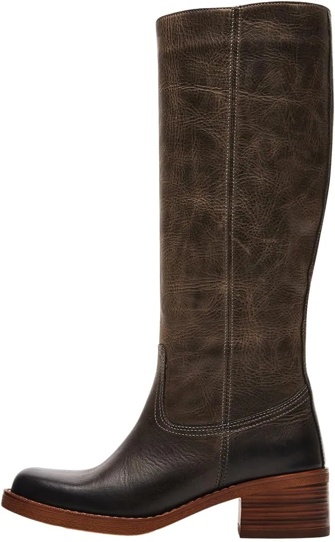 FOWT Women Platform Round Toe Calf High Boots Chunky Block Low Heel Riding Boots Pull on Wide Calf Shoes Size 4-16 US