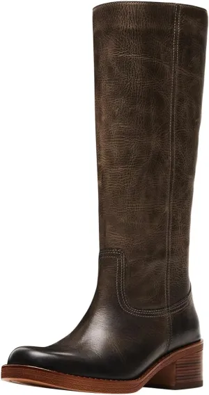 FOWT Women Platform Round Toe Calf High Boots Chunky Block Low Heel Riding Boots Pull on Wide Calf Shoes Size 4-16 US