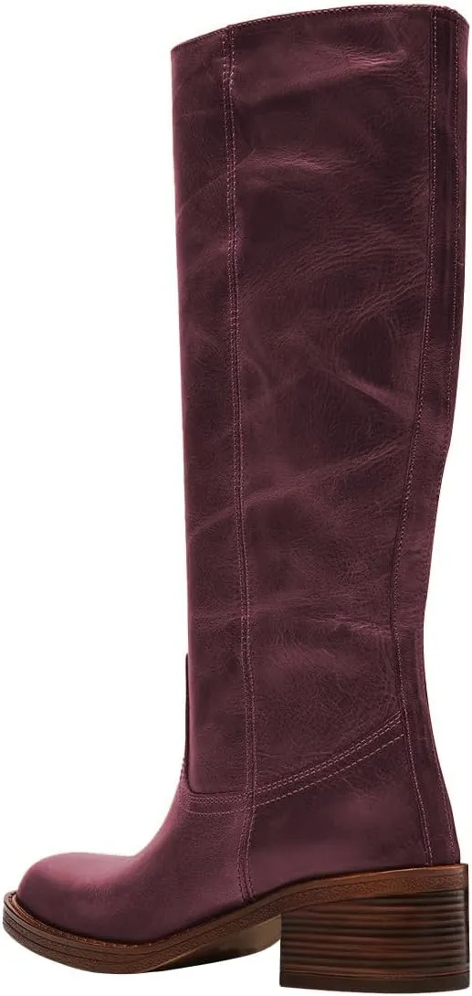 FOWT Women Platform Round Toe Calf High Boots Chunky Block Low Heel Riding Boots Pull on Wide Calf Shoes Size 4-16 US