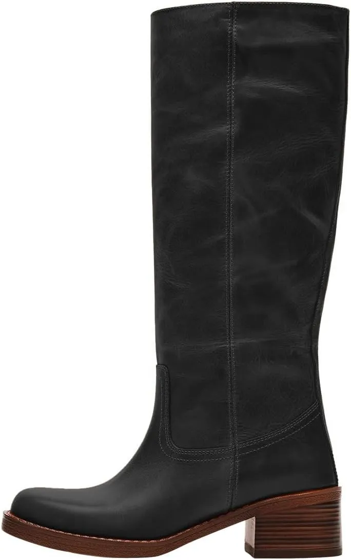 FOWT Women Platform Round Toe Calf High Boots Chunky Block Low Heel Riding Boots Pull on Wide Calf Shoes Size 4-16 US
