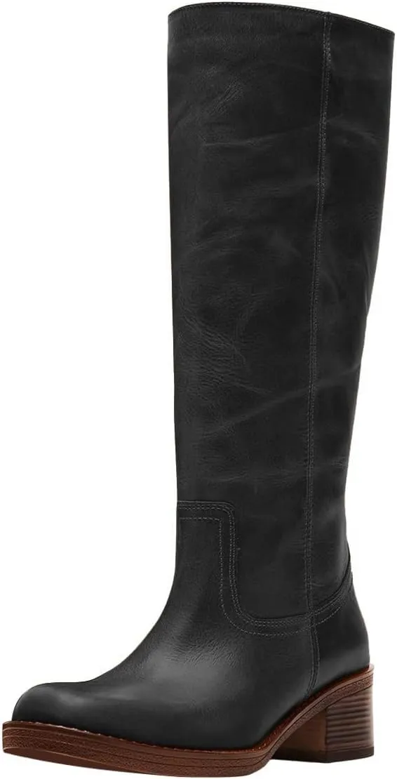 FOWT Women Platform Round Toe Calf High Boots Chunky Block Low Heel Riding Boots Pull on Wide Calf Shoes Size 4-16 US