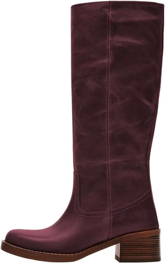 FOWT Women Platform Round Toe Calf High Boots Chunky Block Low Heel Riding Boots Pull on Wide Calf Shoes Size 4-16 US