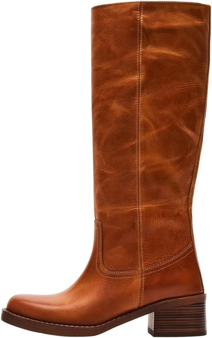 FOWT Women Platform Round Toe Calf High Boots Chunky Block Low Heel Riding Boots Pull on Wide Calf Shoes Size 4-16 US