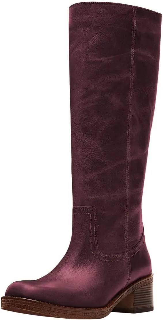 FOWT Women Platform Round Toe Calf High Boots Chunky Block Low Heel Riding Boots Pull on Wide Calf Shoes Size 4-16 US
