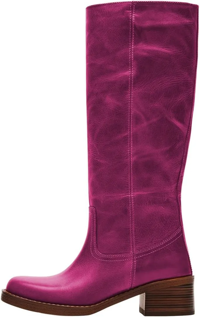 FOWT Women Platform Round Toe Calf High Boots Chunky Block Low Heel Riding Boots Pull on Wide Calf Shoes Size 4-16 US
