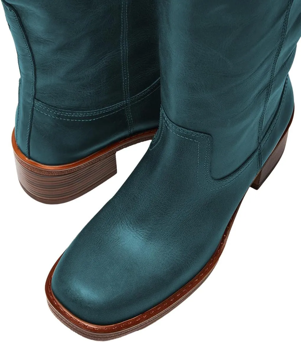FOWT Women Platform Round Toe Calf High Boots Chunky Block Low Heel Riding Boots Pull on Wide Calf Shoes Size 4-16 US