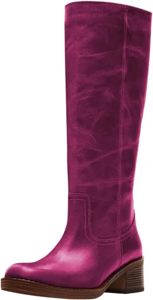 FOWT Women Platform Round Toe Calf High Boots Chunky Block Low Heel Riding Boots Pull on Wide Calf Shoes Size 4-16 US