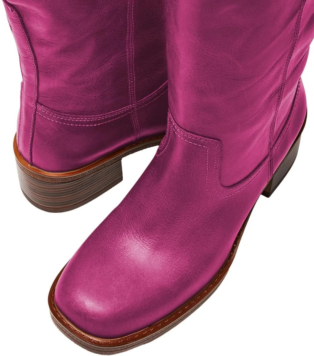 FOWT Women Platform Round Toe Calf High Boots Chunky Block Low Heel Riding Boots Pull on Wide Calf Shoes Size 4-16 US