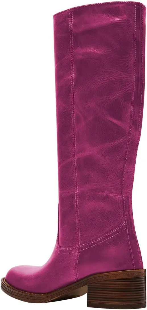 FOWT Women Platform Round Toe Calf High Boots Chunky Block Low Heel Riding Boots Pull on Wide Calf Shoes Size 4-16 US
