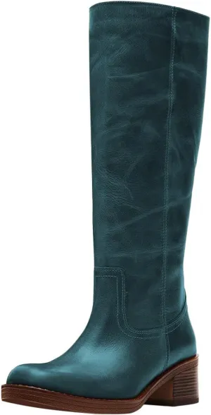 FOWT Women Platform Round Toe Calf High Boots Chunky Block Low Heel Riding Boots Pull on Wide Calf Shoes Size 4-16 US