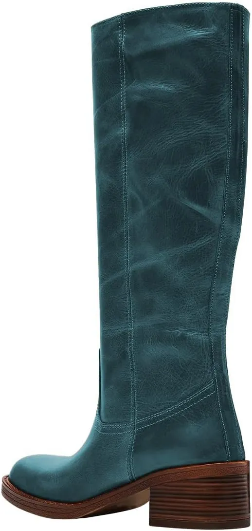 FOWT Women Platform Round Toe Calf High Boots Chunky Block Low Heel Riding Boots Pull on Wide Calf Shoes Size 4-16 US