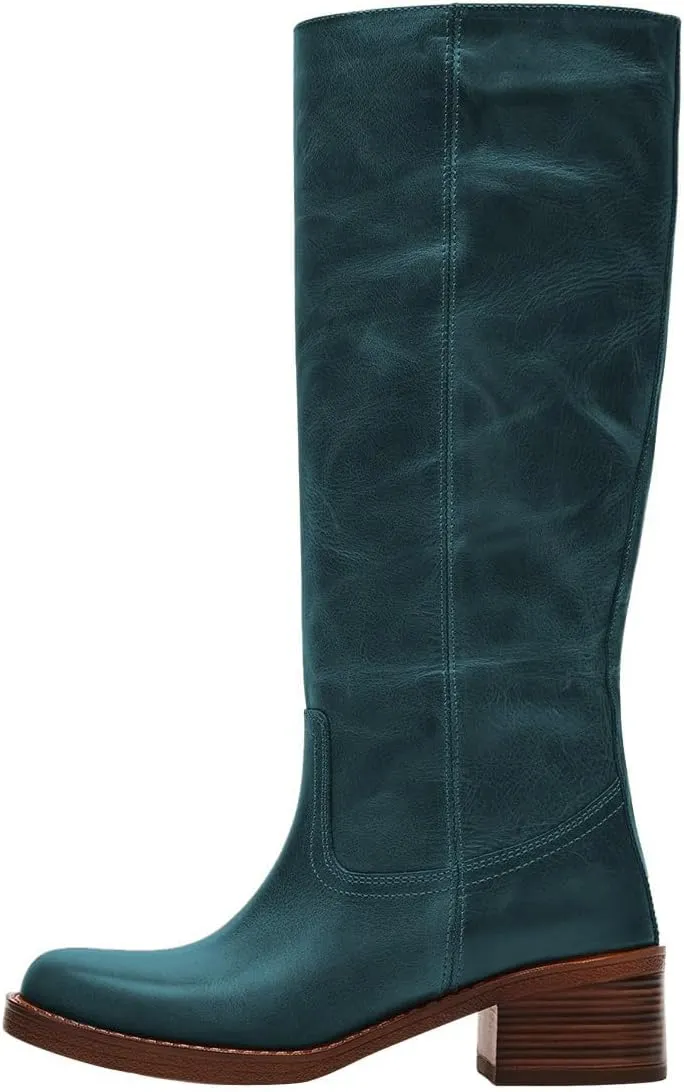 FOWT Women Platform Round Toe Calf High Boots Chunky Block Low Heel Riding Boots Pull on Wide Calf Shoes Size 4-16 US